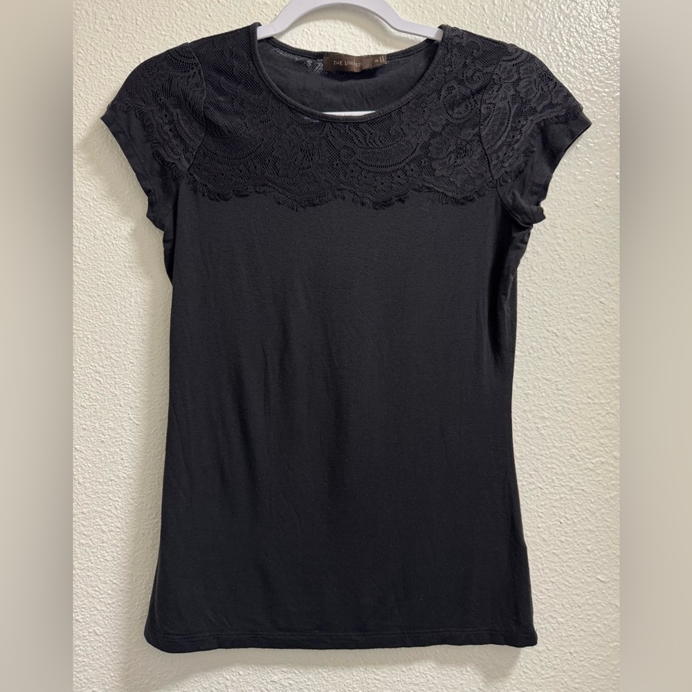 The Limited Floral Lace Blouse Stretch Cap Short Sleeve Black Womens XS